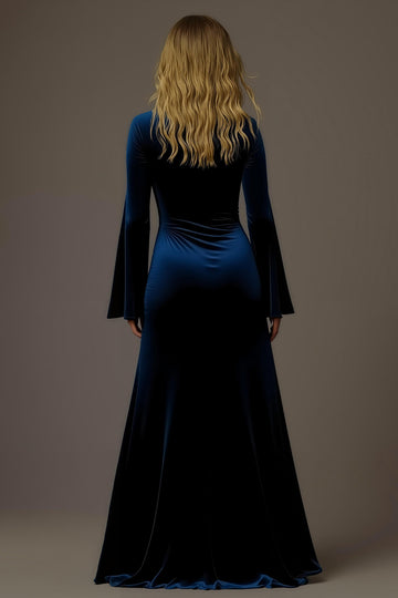 Royal Blue Sheath V-Neck Long Sleeve Velvet Holiday Party Dress
